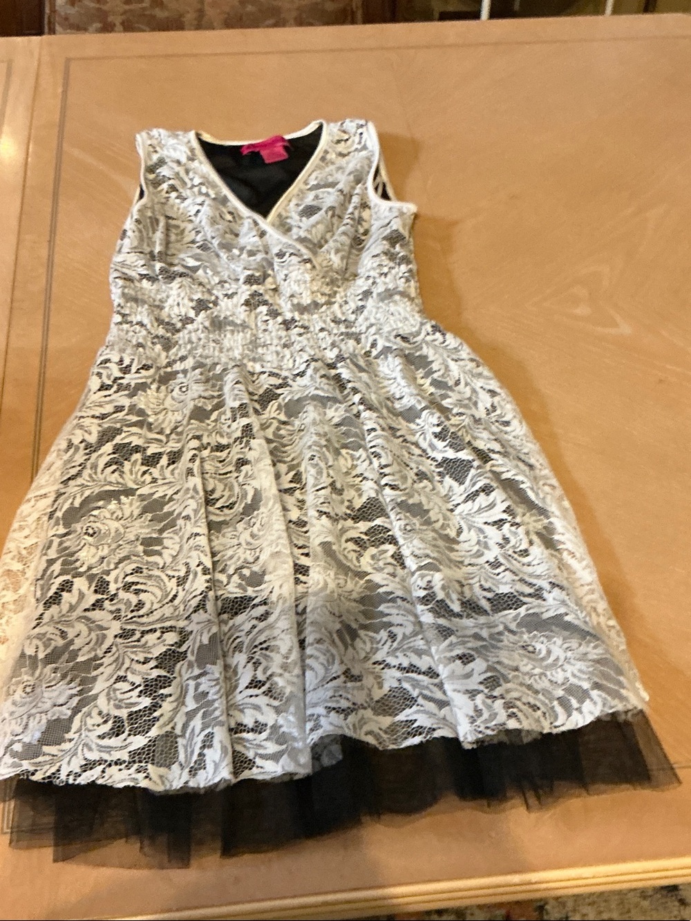 Sleeveless Black Mini Dress with White Lace Overlay by